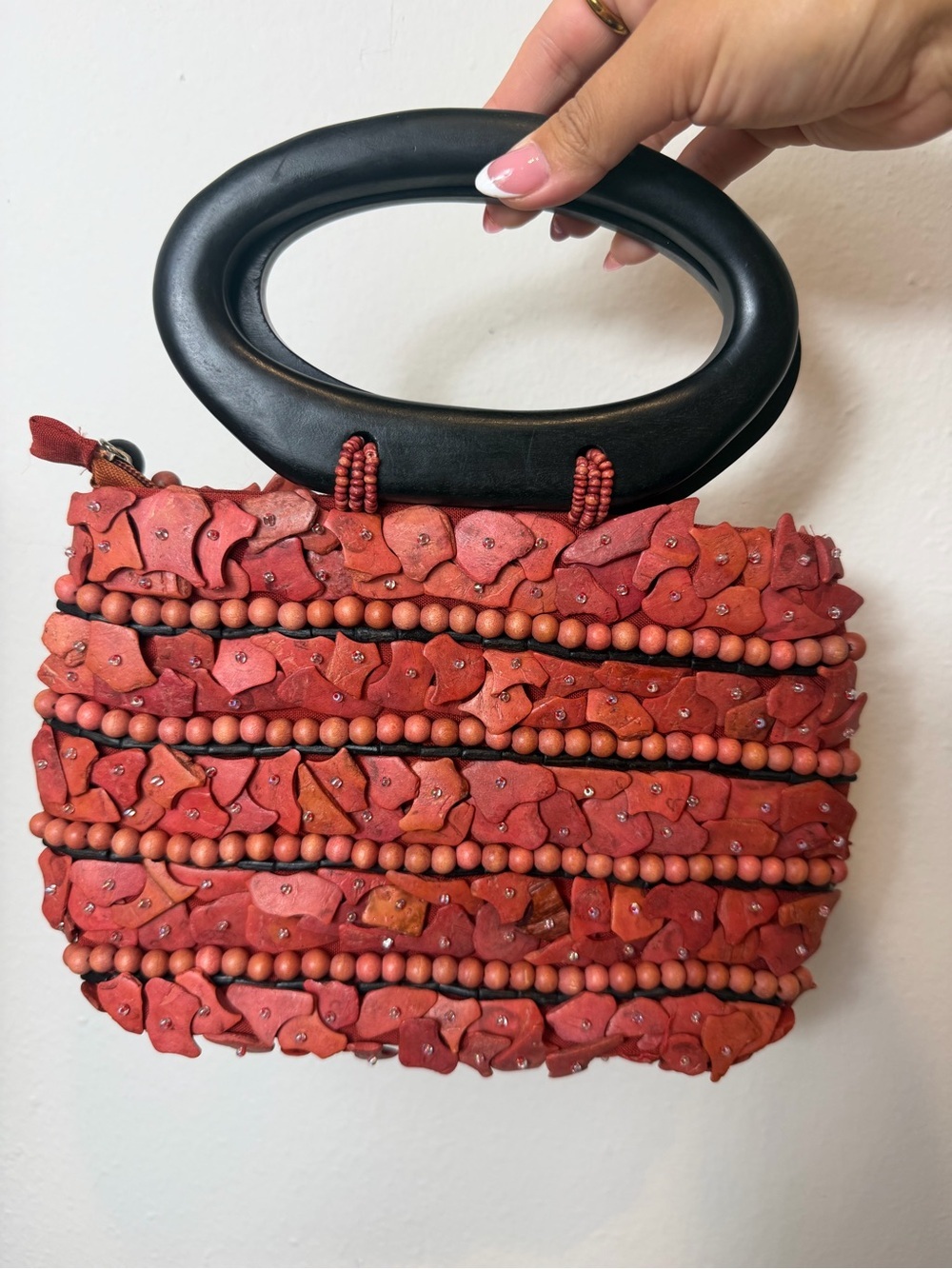 Vintage Artisan Coral Shell Wood Beaded Handbag Resort Statement Bag - Picture 7 of 9